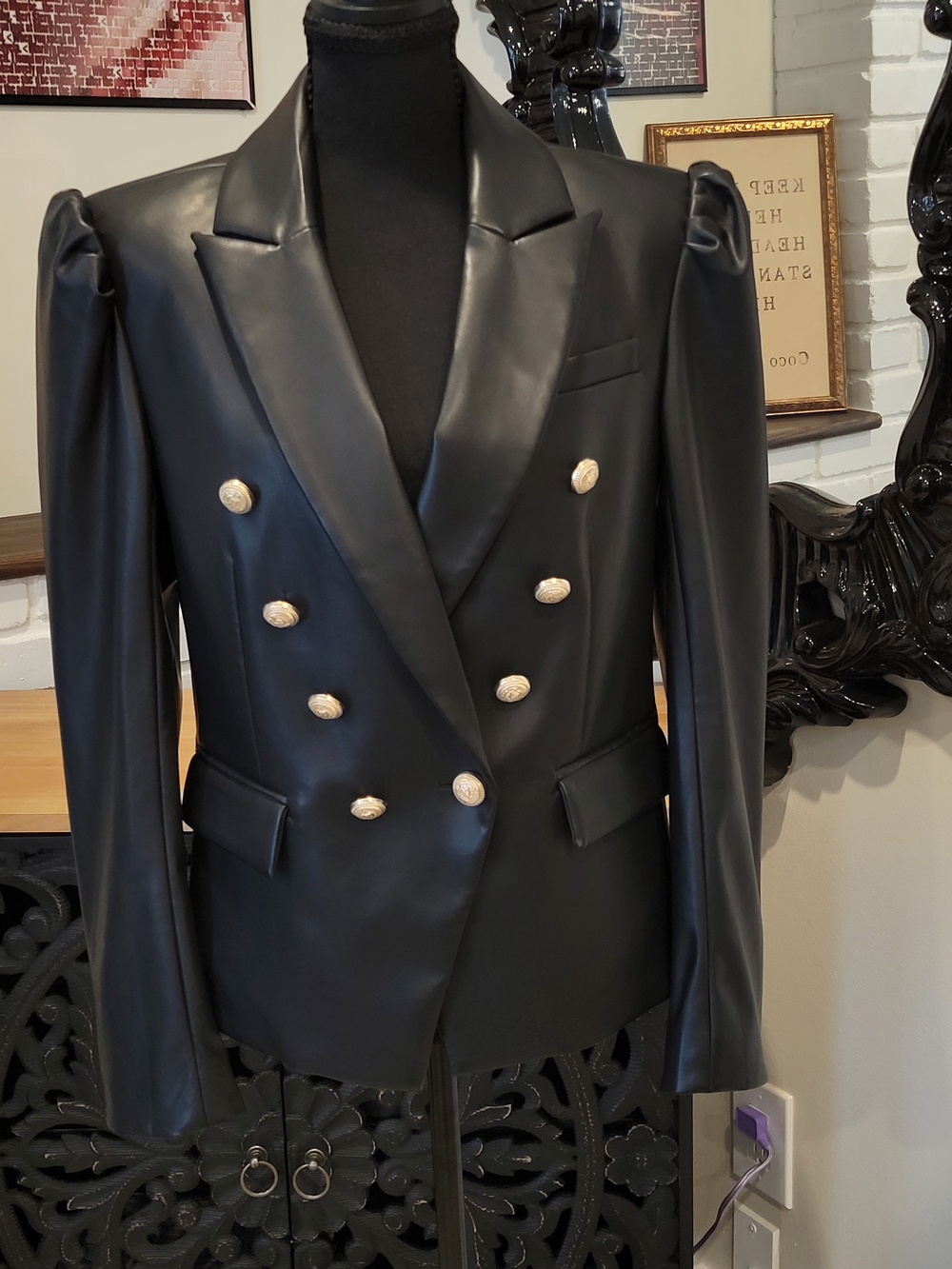 Generation Love Black Faux Leather Double-Breasted Blazer with Gold Buttons